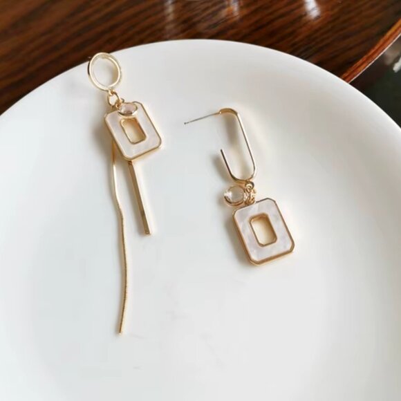 Modern Asymmetrical Geometric Drop Earrings – .925 Silver Needle, Gold Finish - Picture 9 of 12